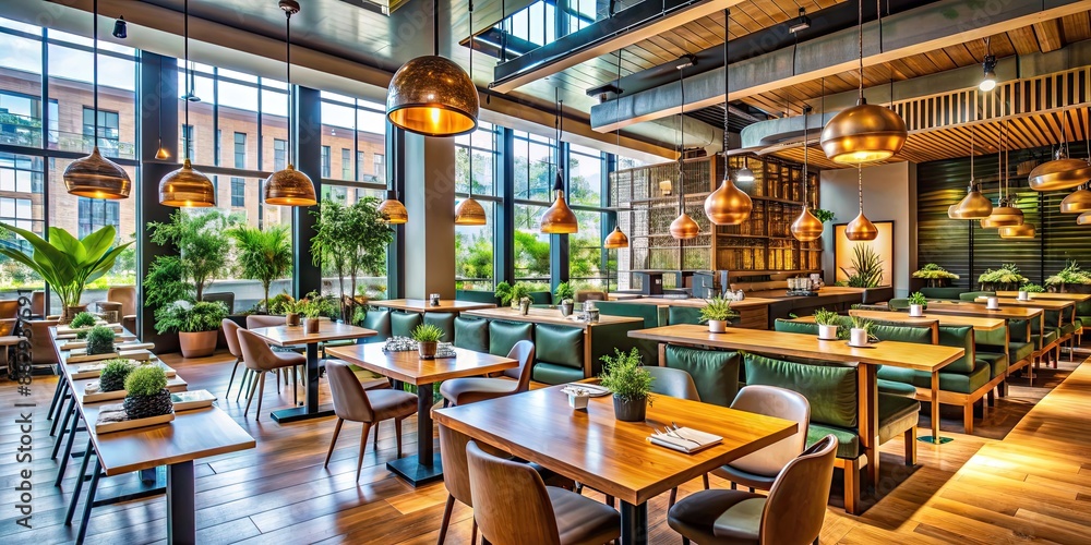 Fototapeta premium Busy and vibrant interior of a modern restaurant, dining, tables, chairs, decor, lighting, comfortable, trendy