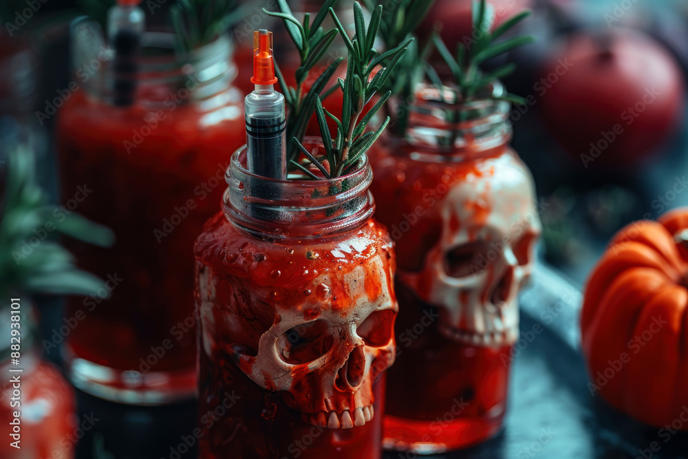 Bloody Mary with syringes for Halloween on blurred background. beverage trends, bar culture. drink for holiday. Bloody Mary with syringes for Halloween on blurred background. beverage trends, bar culture. drink for holiday.