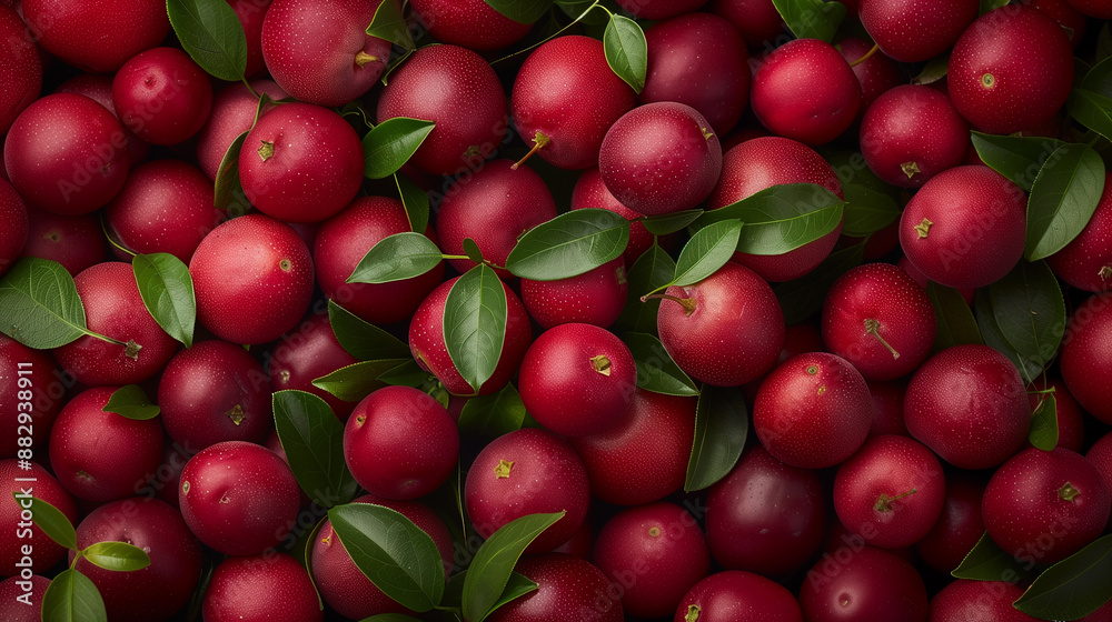Close-up of Korean yangmei, showcasing its small, tart, and red fruits among green leaves, on a rustic background. Close-up of Korean yangmei, showcasing its small, tart, and red fruits among green leaves, on a rustic background.