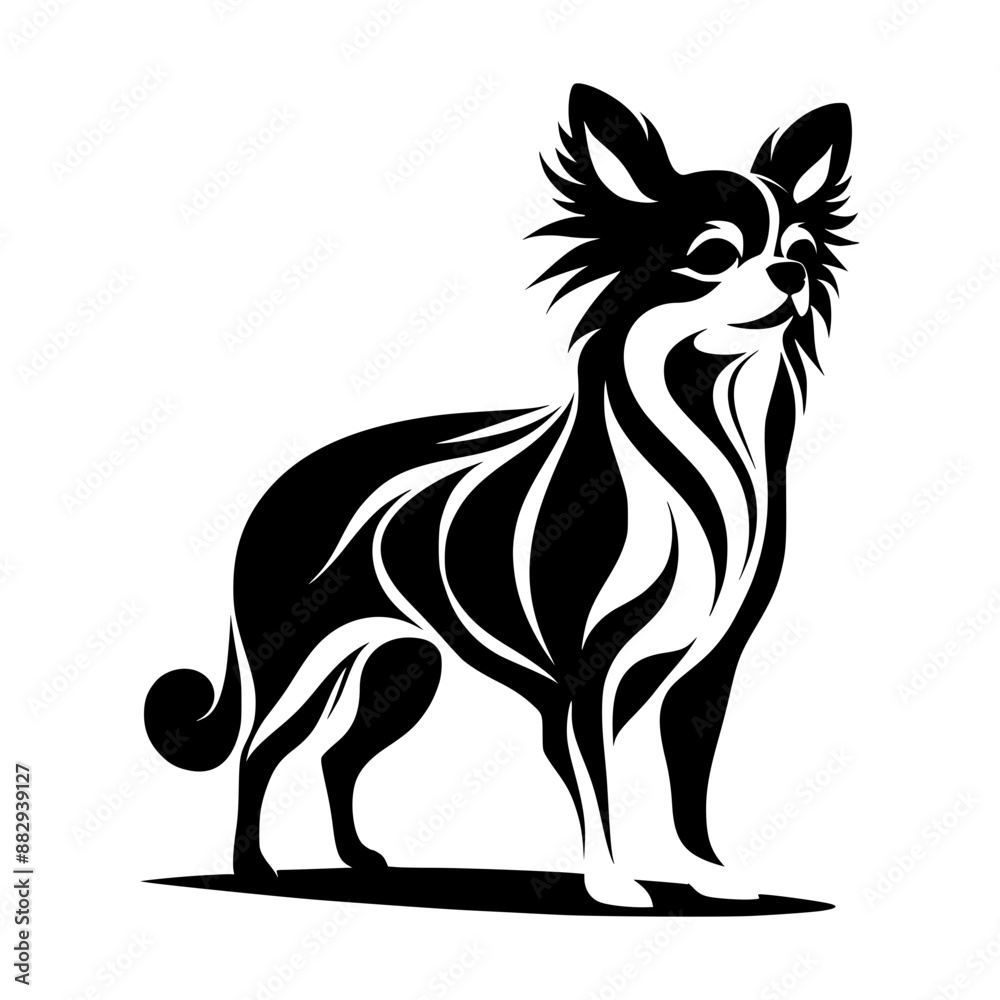 A black and white Chihuahua silhouette created using minimalistic dashed lines. Minimalist art style. A black and white Chihuahua silhouette created using minimalistic dashed lines. Minimalist art style.