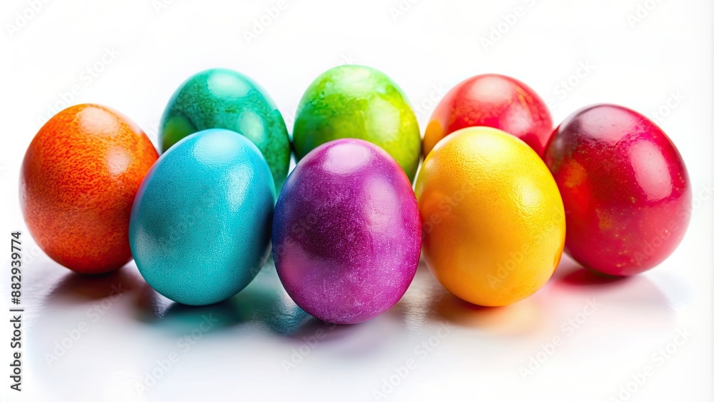 Colorful Easter eggs in vibrant shades of pink, purple, blue, and green against a white background, Easter, eggs, colorful Colorful Easter eggs in vibrant shades of pink, purple, blue, and green against a white background, Easter, eggs, colorful