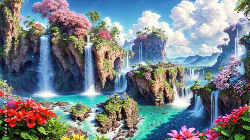 Fototapeta premium Paradise landscape with beautiful gardens, waterfalls and flowers, magical idyllic heavenly view with beautiful fantastic flowers in Eden.