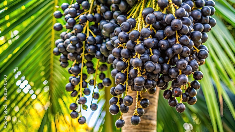 Close-up of ripe acai berries hanging from a palm tree , acai, berries, fruit, antioxidants, organic, superfood, healthy, tropical