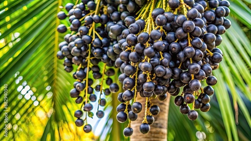 Obraz na płótnie Close-up of ripe acai berries hanging from a palm tree , acai, berries, fruit, antioxidants, organic, superfood, healthy, tropical w salonie