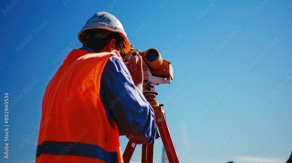 Surveyor in safety vest and helmet uses theodolite under clear blue sky, performing land survey on a sunny day. Surveyor in safety vest and helmet uses theodolite under clear blue sky, performing land survey on a sunny day.