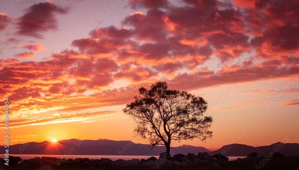 Lone tree silhouetted against a fiery sunset Lone tree silhouetted against a fiery sunset