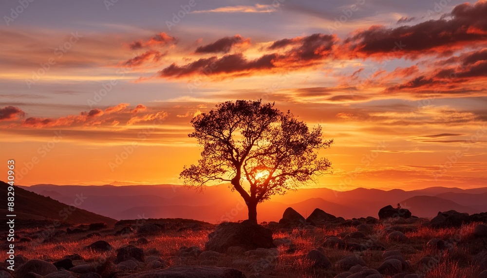 Lone tree silhouetted against a fiery sunset Lone tree silhouetted against a fiery sunset