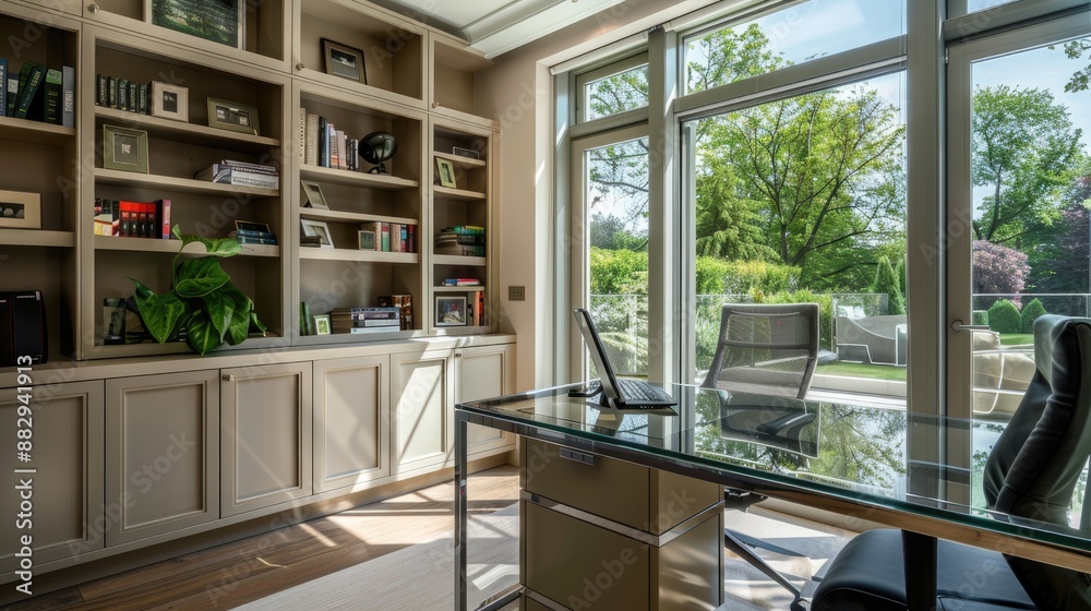 A sophisticated home office with a sleek glass desk A sophisticated home office with a sleek glass desk