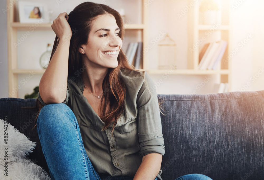Woman, sofa or thinking with smile for future plan with education, goal for career as university professor. Female teacher, happiness or thoughtful for college job with lens flare, reflection in home Woman, sofa or thinking with smile for future plan with education, goal for career as university professor. Female teacher, happiness or thoughtful for college job with lens flare, reflection in home