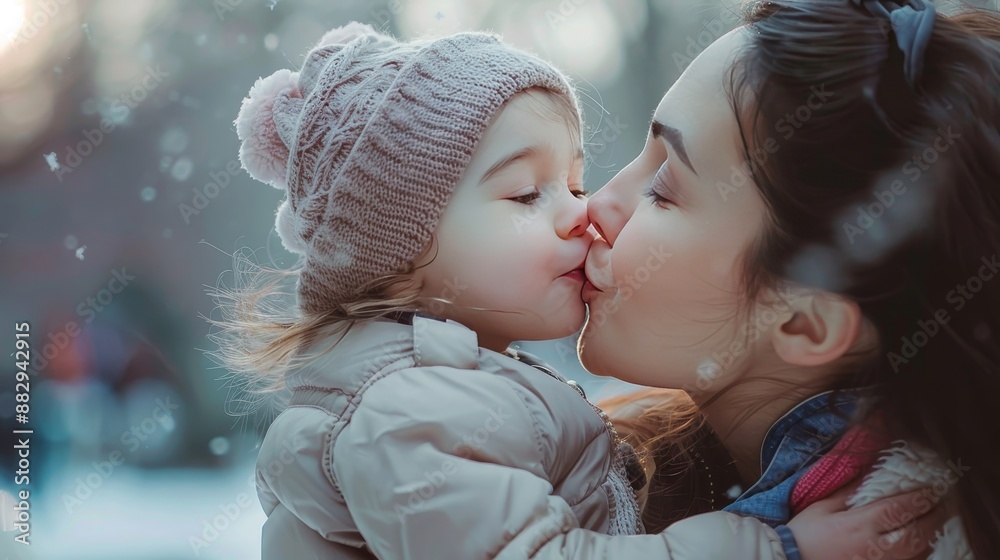 Obraz premium Playful mother daughter bond minimalist image of silly faces, emphasizing joyful connection