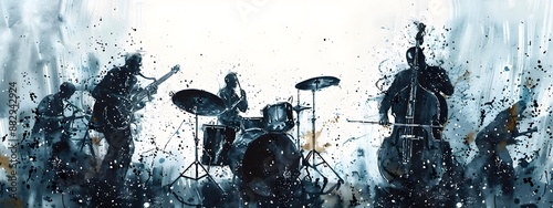 watercolor painting of four jazz musicians playing in the big band, drums and saxophone on stage, splashes of color photo