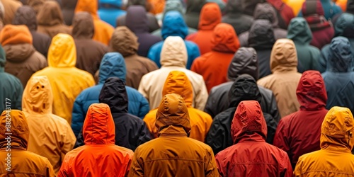 A crowd of people in colourful hoodies from a top view. A concept of equality and acceptance. No discrimination.