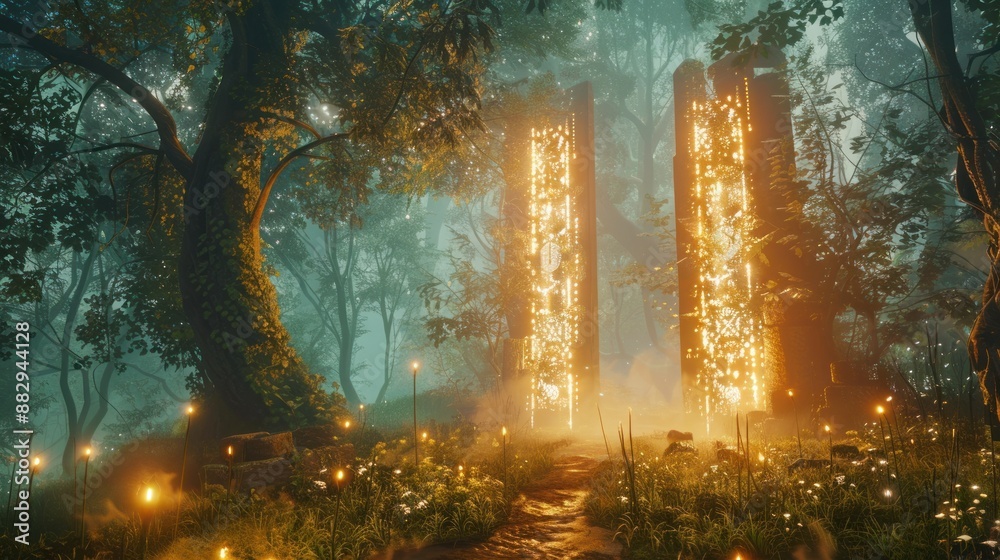 Mystical Gateway in a Foggy Forest Mystical Gateway in a Foggy Forest