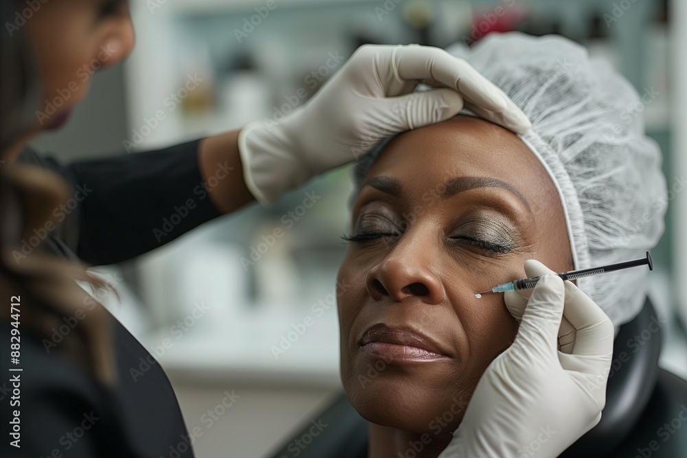 a middle aged african american woman getting an injection around her eyes in a cosmetology clinic a middle aged african american woman getting an injection around her eyes in a cosmetology clinic