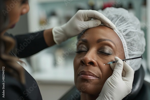 a middle aged african american woman getting an injection around her eyes in a cosmetology clinic