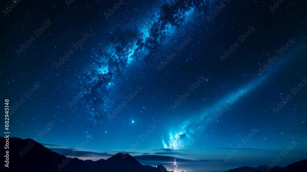 Video animation of night sky adorned with countless stars, and a prominent Milky Way galaxy stretches across the upper portion Video animation of night sky adorned with countless stars, and a prominent Milky Way galaxy stretches across the upper portion