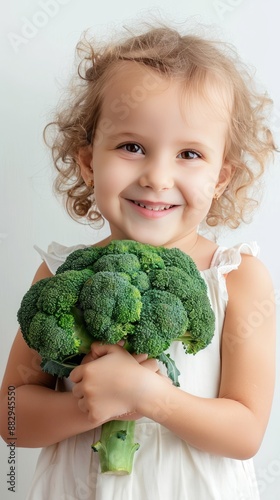 A young toddler girl with blonde hair smiles while holding a large floret of fresh green broccoli in front of her