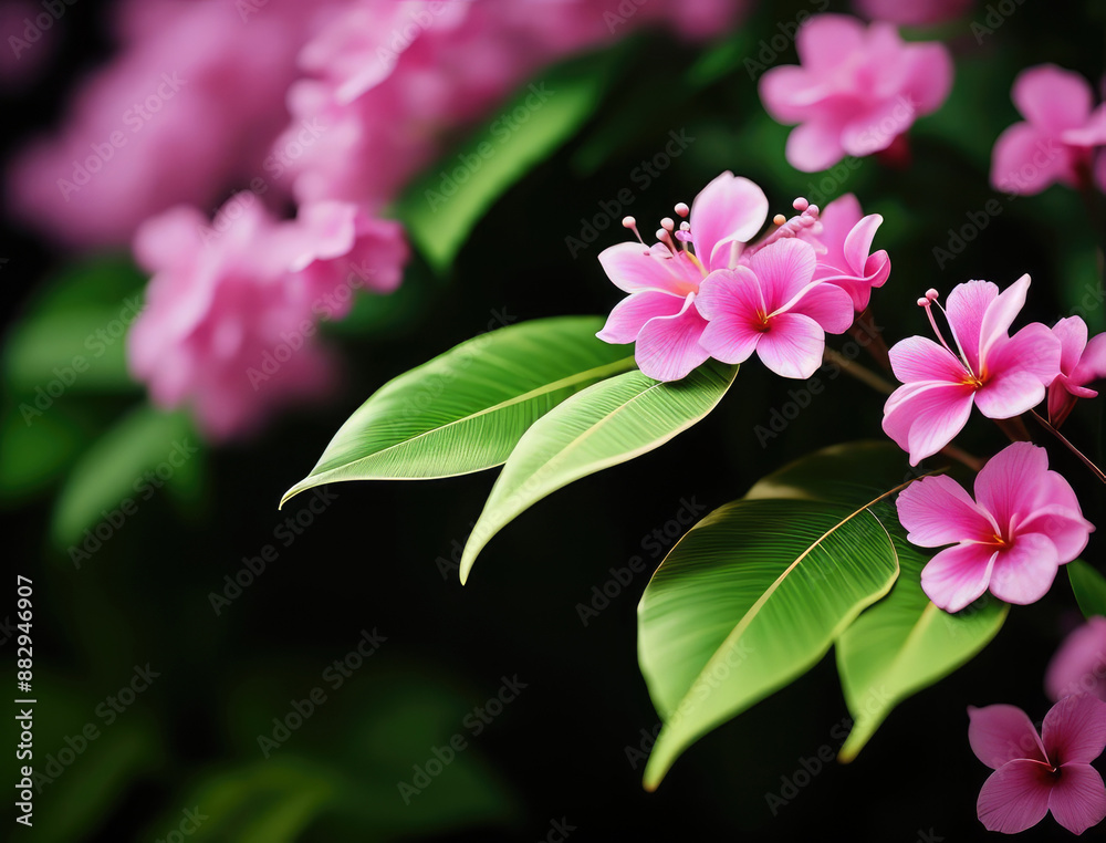 Pink tropical flowers with foliage on a dark background. Floral background Pink tropical flowers with foliage on a dark background. Floral background