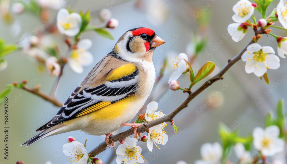 A multicolored female of the European goldnose Carduelis carduela sits on a branch A multicolored female of the European goldnose Carduelis carduela sits on a branch