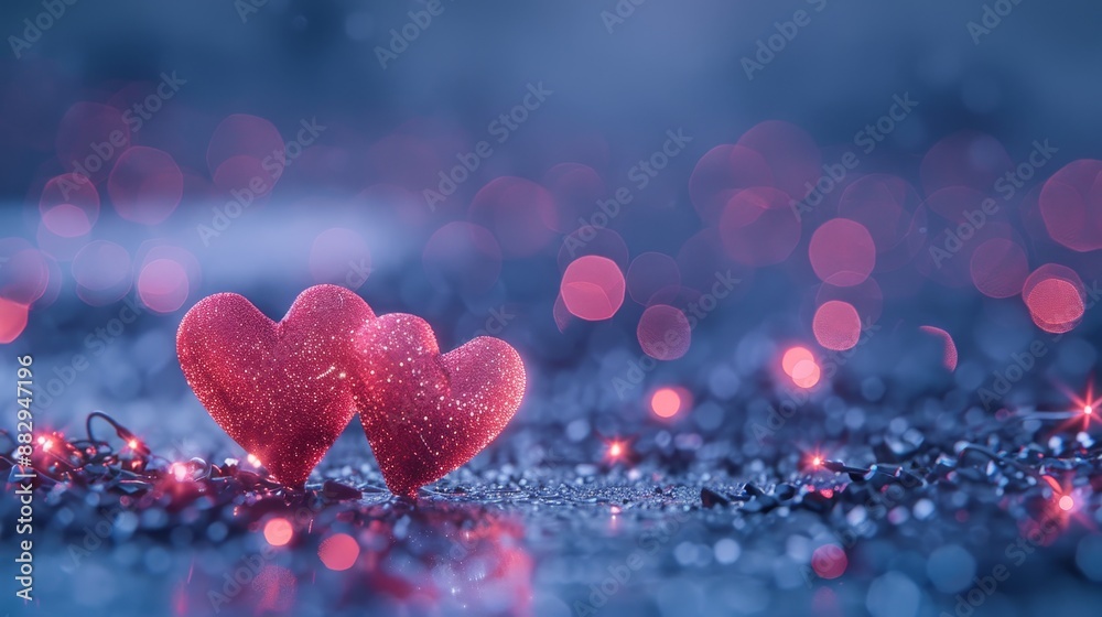 Neon style smoky red hearts on glittery blue background with bokeh effect and empty space Neon style smoky red hearts on glittery blue background with bokeh effect and empty space