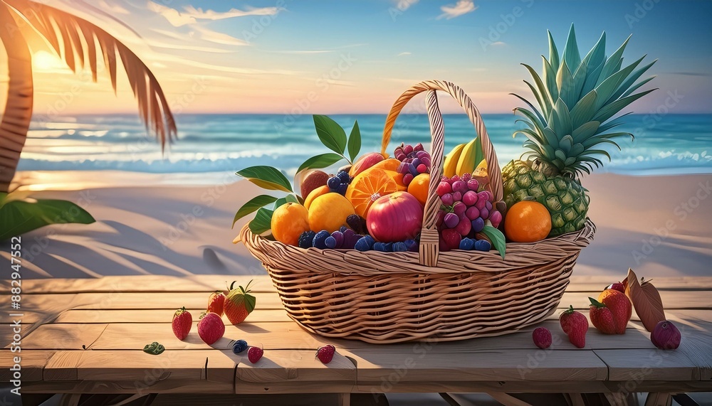 a basket of mixed fruits on a wooden table on the beach a basket of mixed fruits on a wooden table on the beach