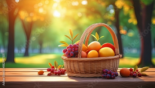 a basket of mixed fruits, oranges and grapes on a wooden table in the park