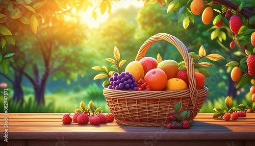 a basket of mixed fruits on a wooden table in the park