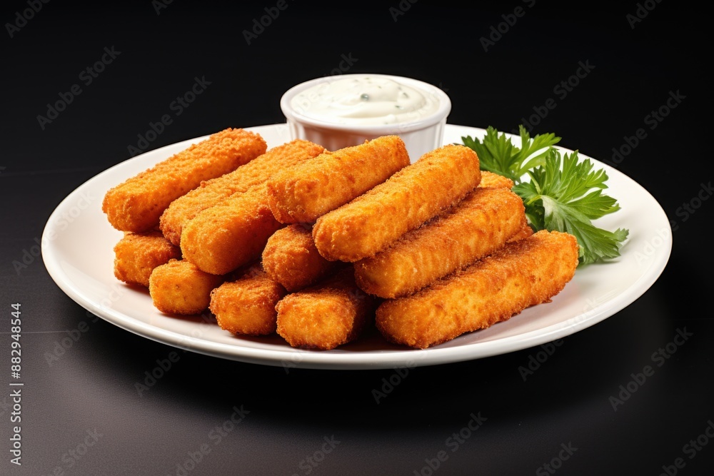 Crispy Fried Mozzarella Sticks on White Plate with Simple Background Crispy Fried Mozzarella Sticks on White Plate with Simple Background