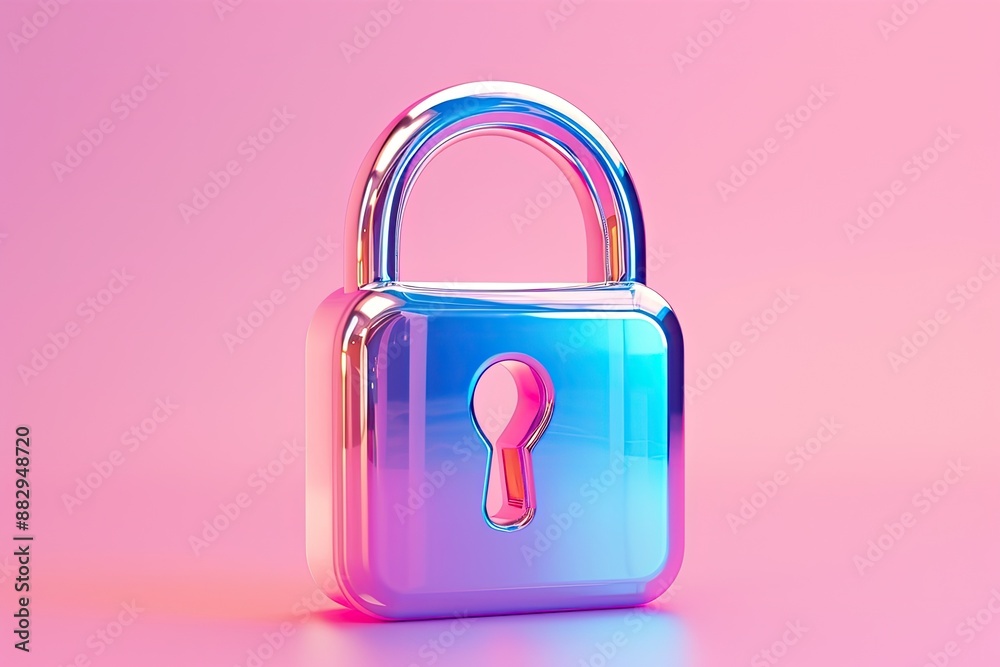 Glowing neon-colored padlock A 3D icon representing a padlock or security Glowing neon-colored padlock A 3D icon representing a padlock or security