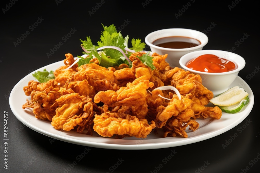 Crispy Indian Pakoras Served on White Plate Against Minimalist Background Crispy Indian Pakoras Served on White Plate Against Minimalist Background