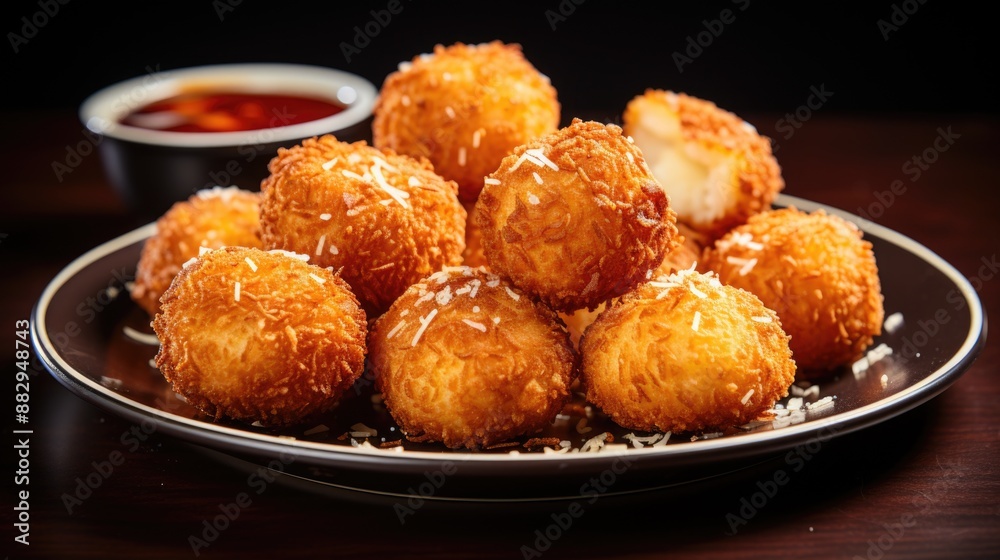 Succulent Golden Fried Cheese Balls Served on Plate with Clean Background Succulent Golden Fried Cheese Balls Served on Plate with Clean Background