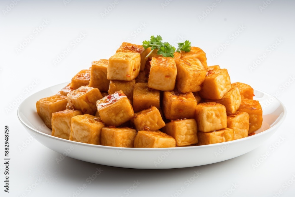 Crispy Fried Tofu Cubes Served on a Minimalist White Plate with Simple Background Crispy Fried Tofu Cubes Served on a Minimalist White Plate with Simple Background