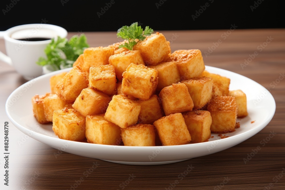 Crispy Fried Tofu Cubes on White Plate - Minimalist Food Presentation Crispy Fried Tofu Cubes on White Plate - Minimalist Food Presentation