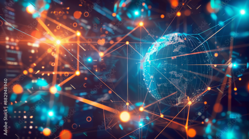 Digital image of icons depicting a globe, a light, and a network. The concept of global connection, data processing, and technology is conveyed in this image. Digital image of icons depicting a globe, a light, and a network. The concept of global connection, data processing, and technology is conveyed in this image.