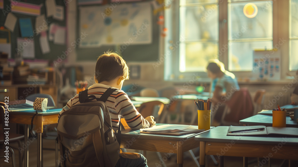 Young student sit in the classroom with backpack Young student sit in the classroom with backpack