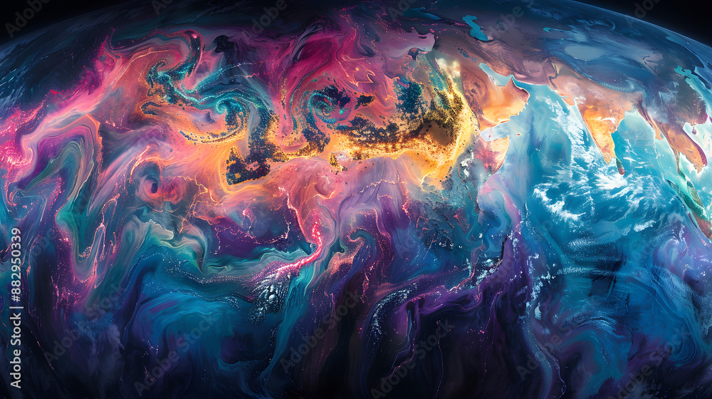 Fototapeta premium Abstract swirling colorful pattern resembling the earth seen from space, showcasing vibrant hues of blue, pink, and yellow.