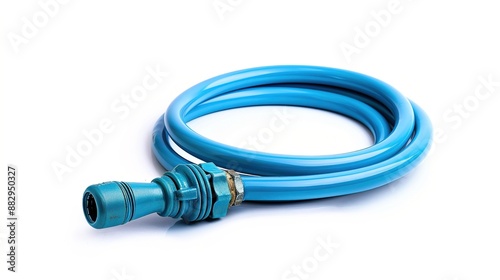 A coiled blue water hose next to a garden spigot on a solid white background.