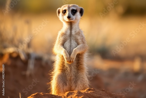 Alert curious standing meerkat A curious meerkat standing on its hind legs