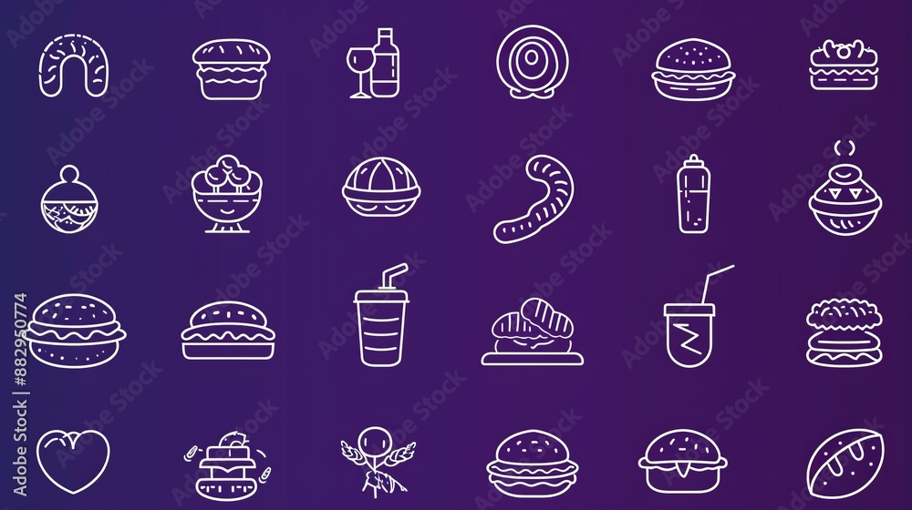 White Outline Food Icons On Purple Gradient Background White Outline Food Icons On Purple Gradient Background