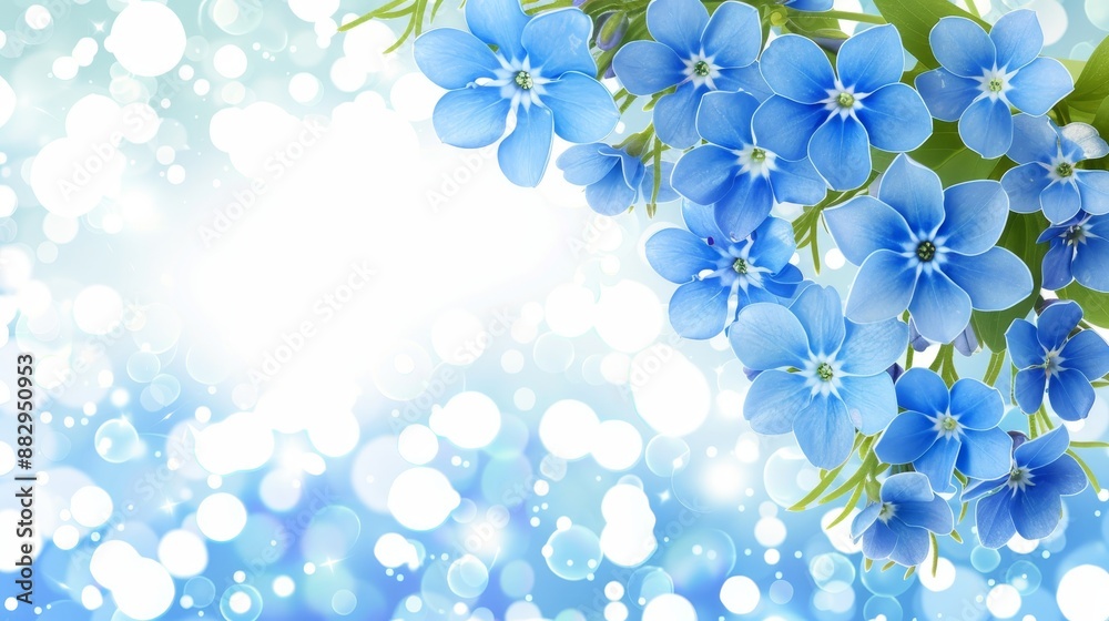 Blue forget me nots on green lights background in minimalist style with bokeh, close up shot Blue forget me nots on green lights background in minimalist style with bokeh, close up shot
