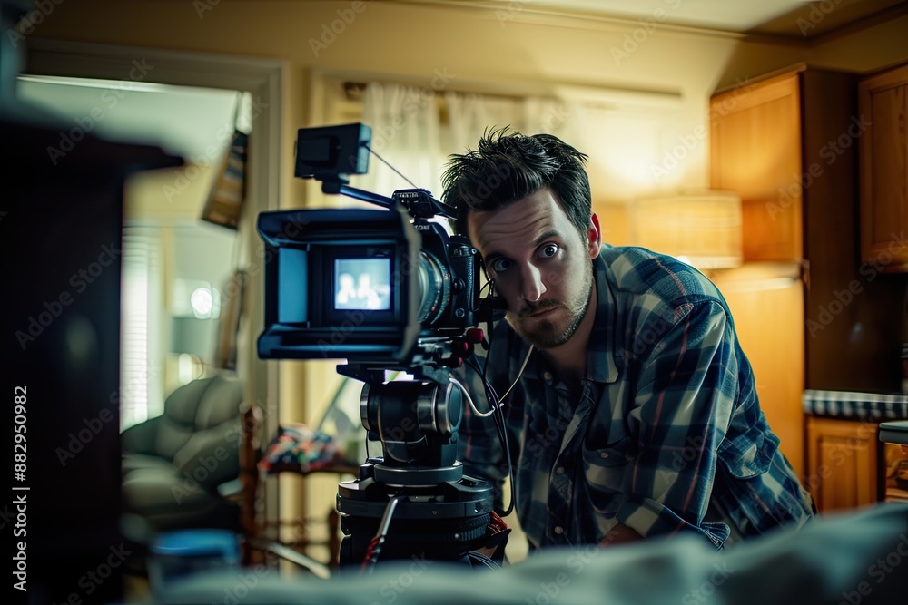 Fototapeta premium Startled man holding a gun A filmmaker capturing a hilarious blooper reel that becomes even funnier than the intended movie