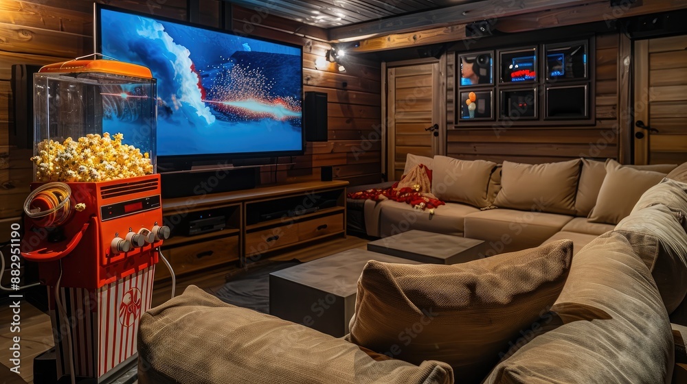 A cozy basement entertainment room with a large sectional sofa A cozy basement entertainment room with a large sectional sofa
