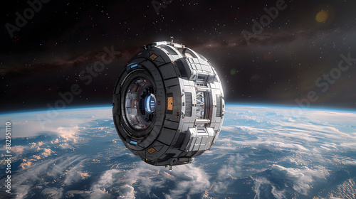 Futuristic spacecraft orbiting Earth with a stunning view of the planet and outer space. Ideal for sci-fi and technological themes. photo