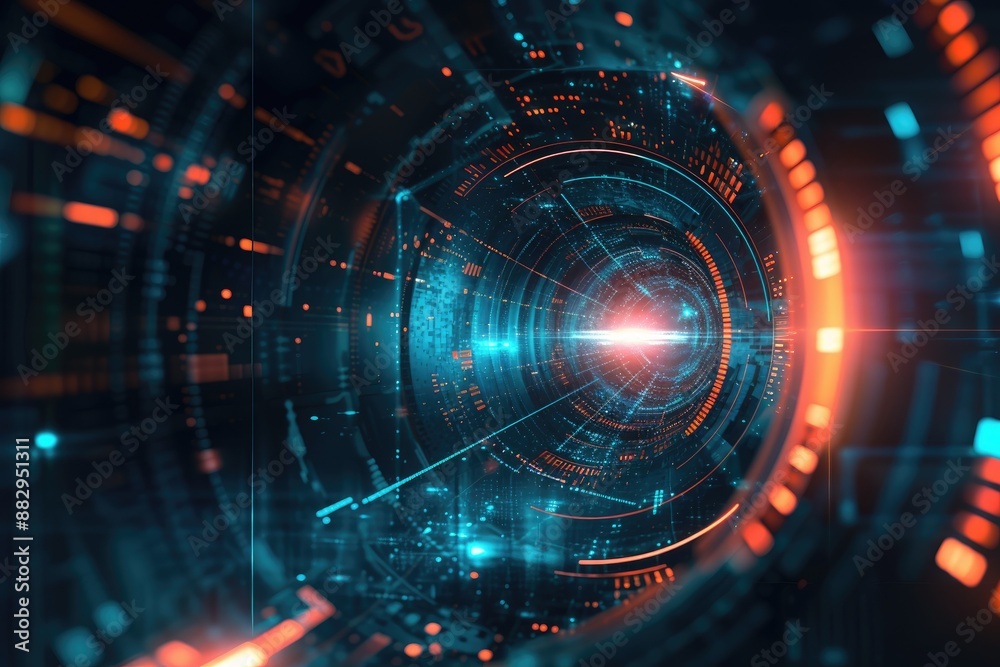 Futuristic digital tunnel with lights A futuristic abstract background with technological elements Futuristic digital tunnel with lights A futuristic abstract background with technological elements