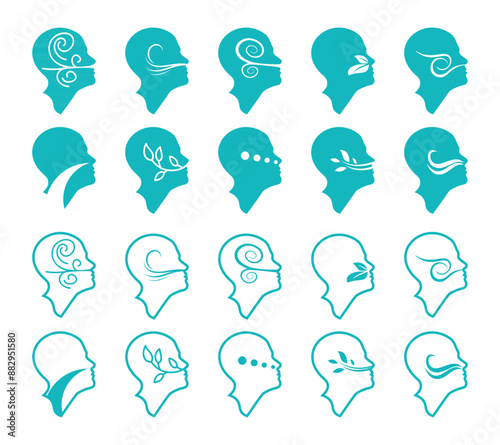 Breath icon logo vector. Human head breathe health leaf set collection