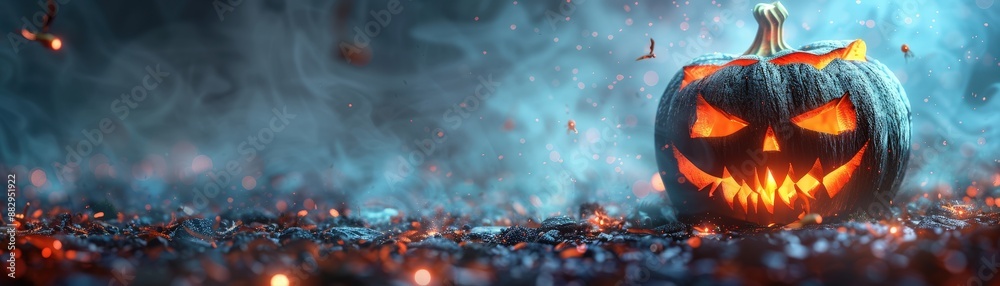 Fototapeta premium Spooky Halloween Pumpkin with Glowing Eyes and Mouth in a Foggy, Eerie Landscape