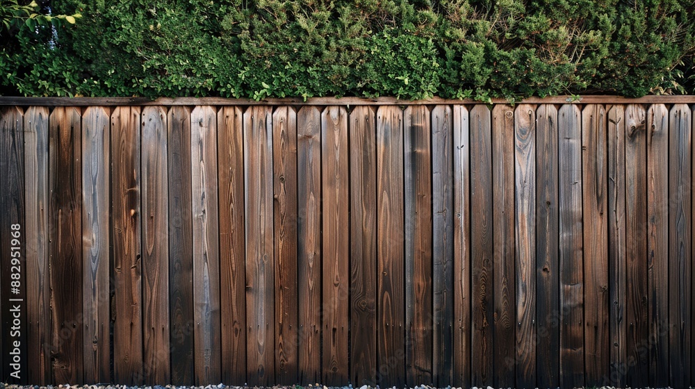 A high privacy fence made of dark stained wood, with a gravel path beside it.