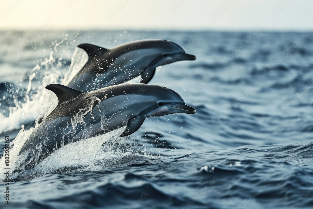 Naklejka premium Graceful leaping dolphins A group of playful dolphins leaping in the open sea