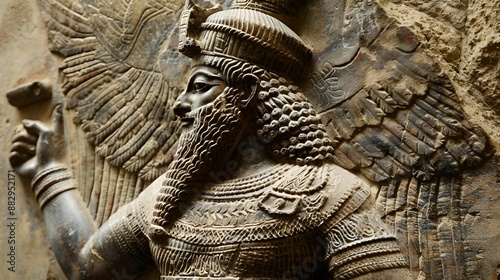 AI generated illustration of an ancient Assyrian stone carving of a bearded man photo