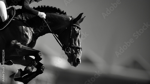 Black and white close-up of a horse and rider in mid-jump, capturing the elegance and precision of equestrian vaulting in a dramatic and timeless manner.

